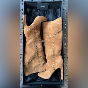 Saint Laurent Women's Tan Suede GRACE 105 Y STUDDED BOOT EU 38